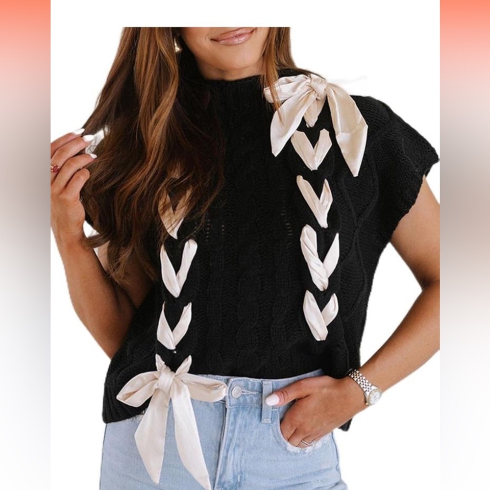 Black Knit Top with Cream Ribbon Details
